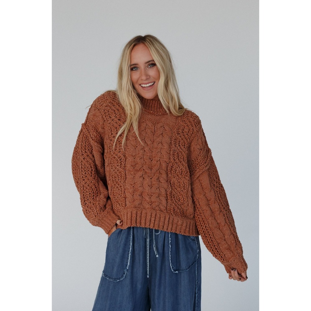 POL Clothing Orchard Charm Cable Knit Chenille Mock Neck Sweater Burnt Topaz S